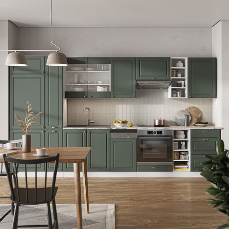 Cucina componibile Fame-Line, Verde-oro rustico/Bianco, 355 cm , PL Rovere, Vicco