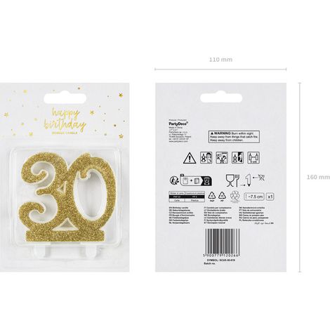 Bougie d'anniversaire PartyDeco numéro 30 dorée 7,5 cm (1/5)