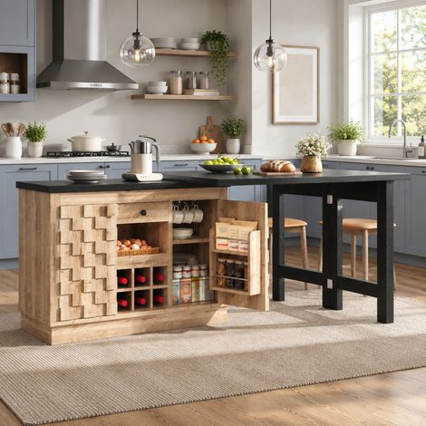 Isola cucina estensibile girevole 120-197 cm con contenitori, MDF e metallo OKMYHOME (1/5)