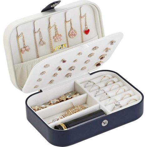 Petite boîte à bijoux pour femmes et filles, mini organisateur de bijoux de voyage portable en cuir PU, étui de rangement et présentoir pour bagues, boucles d'oreilles, colliers, bracelets et joncs /  (1/5)