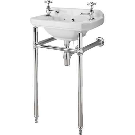 Milano Richmond White Ceramic Bathroom Cloakroom Basin Sink and Chrome Washstand - 515mm x 300mm (2 Tap Hole)