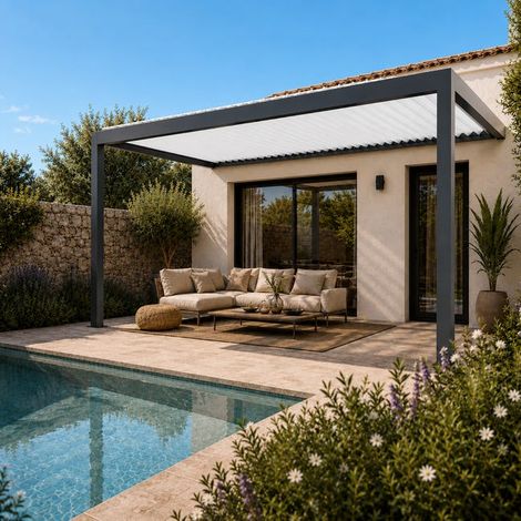 Pergola Bioclimatique Aluminium Adossée Motorisée Éclairée 5x3,5 Anthracite SV ORIAL France (1/5)