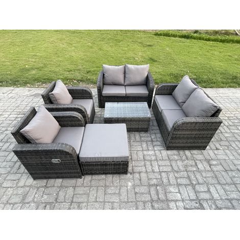 Fimous Rattan Gartenmöbel Set Patio Outdoor Lounge Sofa Set mit 2 Liegestühlen Rechteckiger Couchtisch Großer Fußhocker Dunkelgrau Gemischt (1/5)
