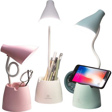 LED-Schreibtischlampe, 3 Farbtemperaturen und einstellbare Helligkeit, 360° drehbarer Arm, inklusive Stifthalter und Handyhalterung – Weiß (1/4)