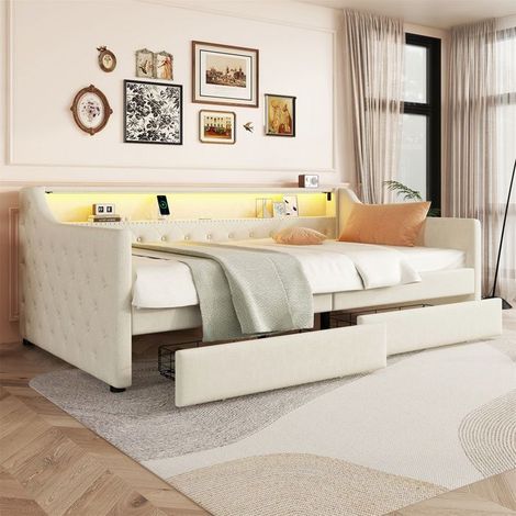 Lit gigogne - Gutent - 90 x 200 cm - Lin - Beige - USB intégré
