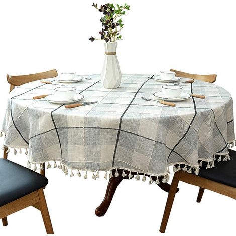 Runde Tischdecke aus Baumwolle-Leinen mit Karomuster und Quasten, 180 cm