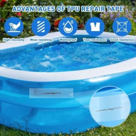 Reparation Piscine Patch, 10cmx1.5m Ruban Adhésif sous-Marin TPU Bande Imperméable Rustine Piscine sous l'eau Réparation Patch pour Piscine, Matelas Jouets Gonflable,Transparent (1/4)