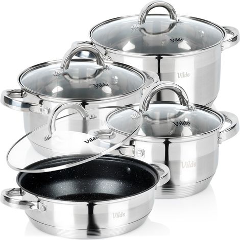 Set di pentole in acciaio con coperchi in vetro e padelle in acciaio inox, 3 pezzi. (1/5)