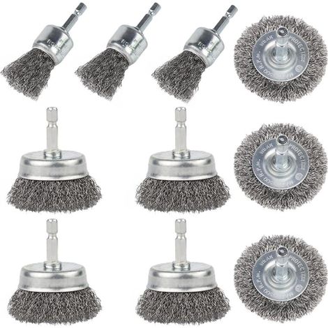 Ensemble de 10 brosses métalliques hexagonales pour perceuse électrique (queue de 6,35 mm), brosses antirouille en acier au carbone, ensemble de brosses de détartrage à godet