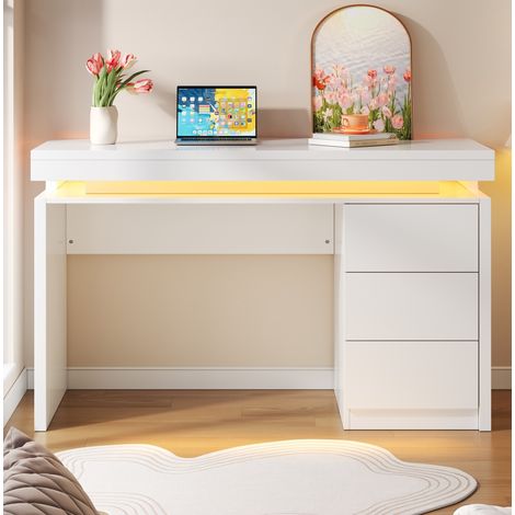 Scrivania LED 120x50x78,5 cm in truciolare bianco con 3 cassetti FloraGrace (1/5)