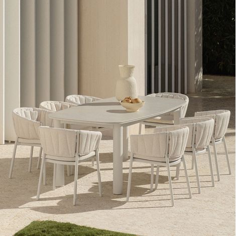 SKLUM Set aus rechteckigem Tisch 220-280x100 cm aus ausziehbarer Keramik Zinti und 8 Gartenstühlen aus Aluminium und Stoff Roderise                                   