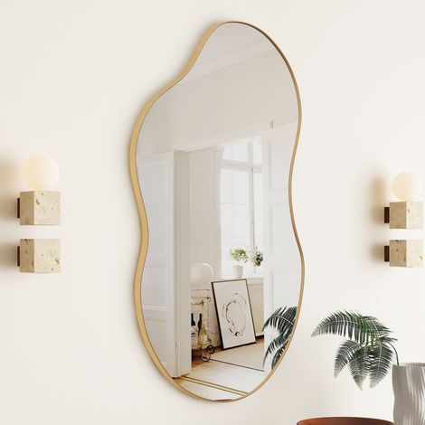 32in Modern Art Organic Wave Shaped Wall Mirror with Gold Frame - Decorative Accent for Living Room & Entryway (1/5)