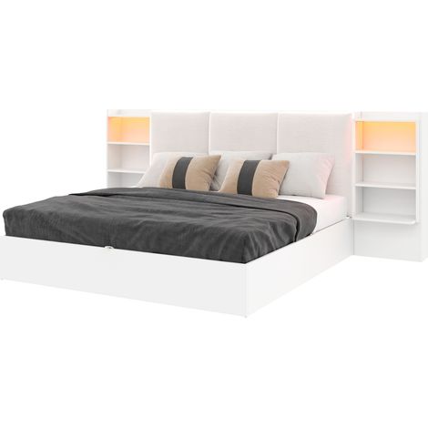 Lit Coffre 180×200 cm en MDF et Contreplaqué, Lit Double avec 6 Niches et LED, sans Matelas, Blanc (1/5)