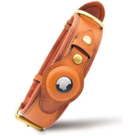 Leather dog collar with integrated AirTag slot, for large to extra-large breeds, adjustable, brown