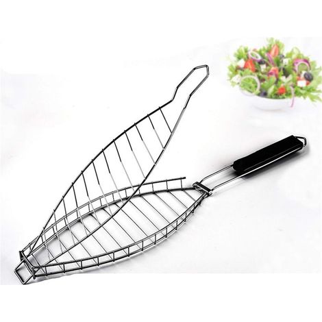 Panier à griller, grille en acier inoxydable avec poignée en bois pour saucisses, légumes, viande, poisson, idéal pour les grillades en plein air et les sorties camping (36 x 14 cm) (1/5)