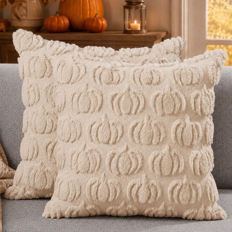 Lot de 2 Housses de Coussin Citrouille Beige Automne 50 × 50 cm, Coussins Doux en Fausse Fourrure pour Canapé Chaise Chambre Salon, sans Garnissage (1/5)