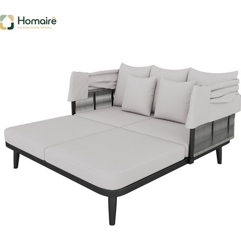HOMAIRE Gartenmöbel für 2 Personen: Strandkorb, Gartenliege, Sonnenliege, einziehbare Markise, verzinkter Stahlrahmen, 10 cm dicke Kissen, handgewebtes Seil, grau