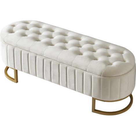 Banco con almacenaje tapizado de terciopelo beige 120 x 39,9 x 43 cm HOMVRA (1/5)