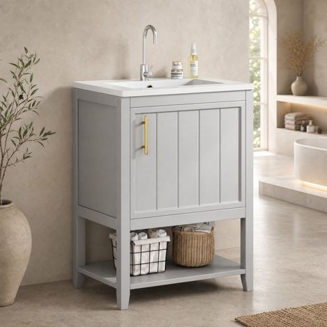 Mueble de baño con lavabo gris de MDF con lavabo cerámico, de pie, con estante y espacio de almacenaje 60 cm