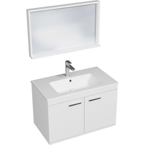 RUBITE Meuble salle de bain simple vasque 2 portes blanc largeur 80 cm + miroir cadre