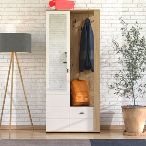 Garderobenmöbel Vique, Mit Spiegel, 6 Regale, Kleiderhaken, 87x36x197h cm Cremeweiß (1/5)