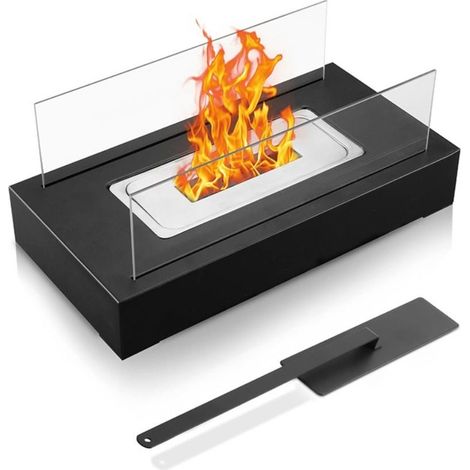Cheminée de table à l’éthanol rectangulaire en acier et verre trempé, cheminée de table intérieure sans électricité, noire, 35 cm (1/5)