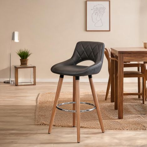 Tabouret de bar gris en simili cuir et bois massif hauteur 91 cm (1/5)