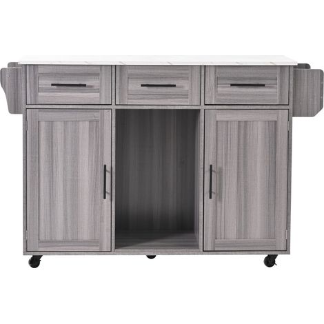 Îlot Cuisine 139x46(71)x91.5cm Chariot Service Meuble Placage Bois Gris Modèle de marbre Blanc Plan Rabattable Portes (1/5)