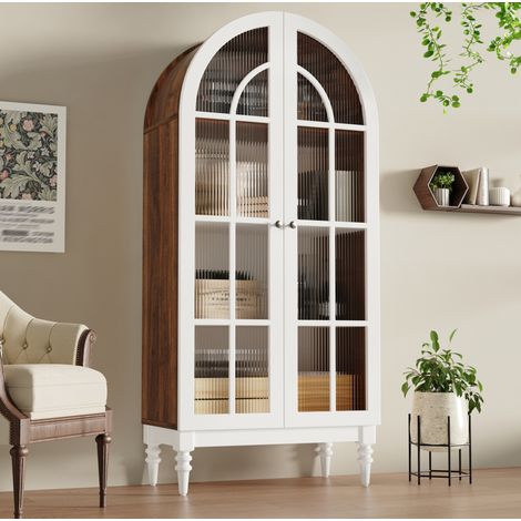 Vetrina 76x38,5x165 cm in MDF bianco con contenitore per sala da pranzo FloraGrace (1/5)