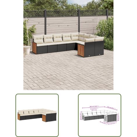 The Living Store 9-tlg. Garten-Sofagarnitur mit Kissen Schwarz Poly Rattan - Gartensorte - Gartenmöbelset - PE-Rattan Möbel - Outdoor Lounge Set - Balkonmöbel (1/3)