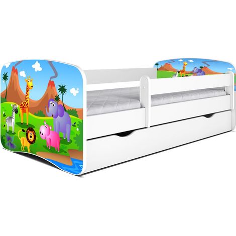 Lit enfant blanc Safari avec sommiers et barrière de sécurité amovible Drimy-80x160 (1/5)