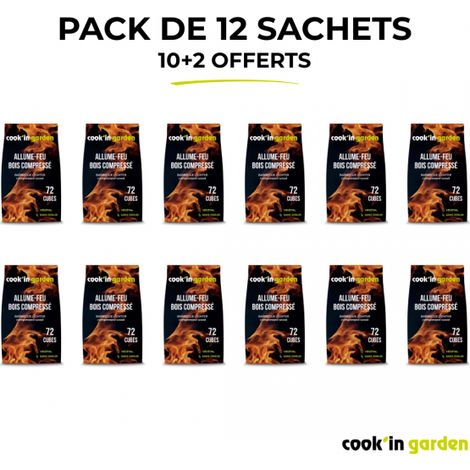 Paquete de 12 bolsas para encender fuego (72 unidades x 12) - Madera comprimida - 100% de origen vegetal - FSC® 100% - Cook in Garden