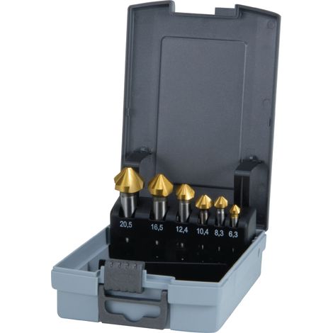 Set di svasatori conici e sbavatori RUKO 6 pezzi, DIN 335 Forma C 90° HSS-TiN Ø 6,3 - 20,5 mm in cassetta di plastica ABS - 102152TRO