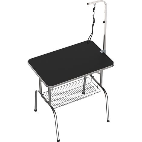 Tavolo da Toeletta Pieghevole in Acciaio Inox Nero con Gancio Regolabile per Toelettatura Cani, 90x60x75 cm (1/5)