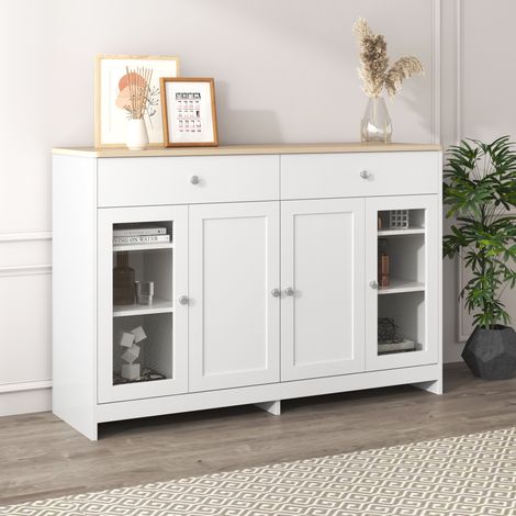 Aparador, con dos cajones, cuatro puertas, puerta de vidrio, blanco y color madera, 120x37x80 cm (1/5)