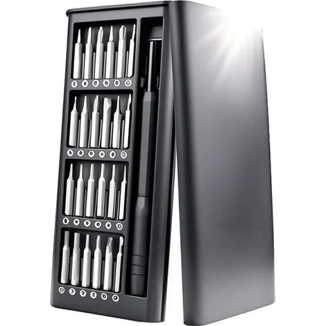 Juego de destornilladores de precisión, 25 herramientas, acero inoxidable, tamaño compacto 135x65x17 mm, varios tamaños de cabeza de tornillo, mango ergonómico de plástico (1/5)