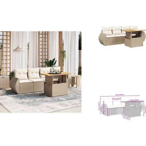 5-tlg. Garten-Sofagarnitur mit Kissen Beige Poly Rattan - Gartensorte - Gartenmöbelset - Outdoor Möbel - Lounge Set - Rattan Gartenmöbel (1/3)