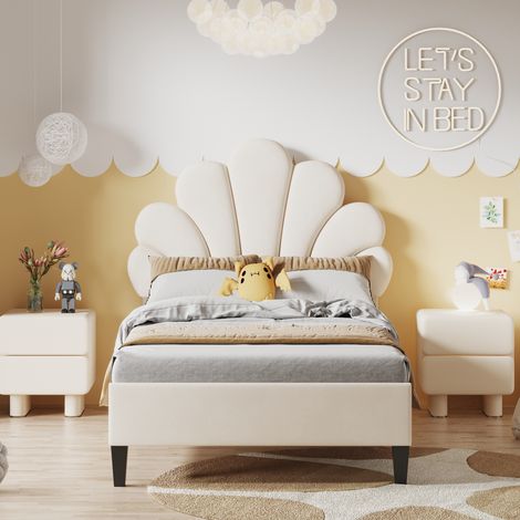 Gepolstertes Einzelbett 90x200 cm, Bettgestell mit floralem Kopfteil und Lattenrost, Prinzessinnenbett, Jungenbett, Mädchenbett, Samt, Beige