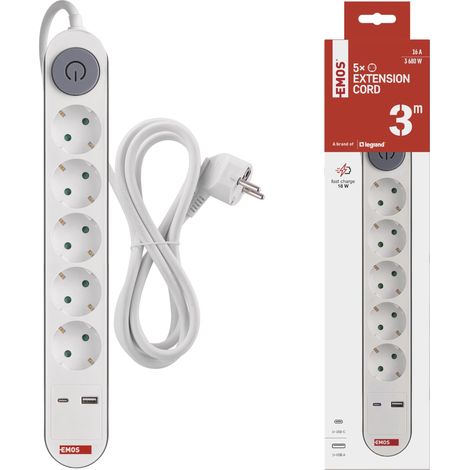 Multiprise 5 Prises avec Charge Rapide USB - Multiprise avec Interrupteur pour l'intérieur - Convient au Montage Mural - 5 Prises - 1 USB C - 1 USB A - Câble de 3 m - Blanc/Gris (1/5)