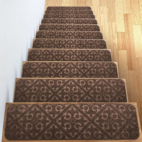 Lot de 15 marches d'escalier antidérapantes marron gaufrées, 20 x 76 cm, pour marches en bois, sûres et antidérapantes. (1/5)