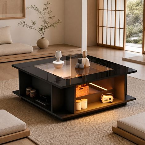 Quadratischer Couchtisch 70x70x30 cm mit Glasplatte, Stauraum und USB-LED, schwarz HAVRYA (1/5)