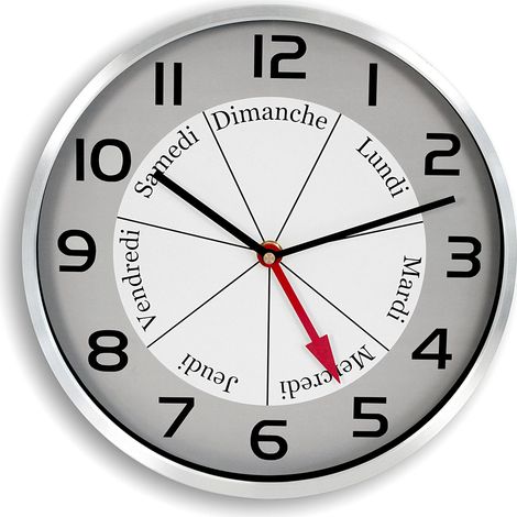 Fishtec – Horloge murale jour et heure – Cadran lisible en français – Dimensions 30 x 3.5 cm – Cadre aluminium brossé moderne (1/5)