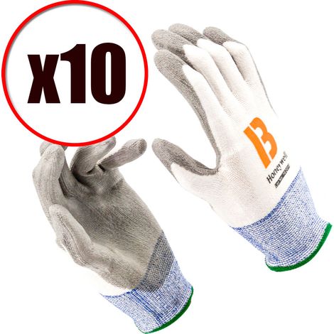 Honeywell – Lot de 10 gants anti-coupure taille 6 – Norme EN 388 4X42B – Paume en polyuréthane – Résistance à l'abrasion 4/4 - EN388 (1/4)