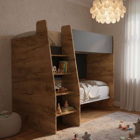 Letto a castello salvaspazio con scaletta frontale - Montaggio facile - Quercia e basalto
