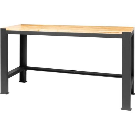 Établi d'atelier 180x54x91cm – Châssis métallique noir mat – Plateau en bois d'hévéa 30mm – Charge maximale 750Kg – Feroce
