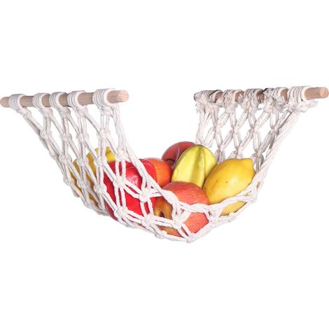 Panier suspendu en filet à fruits en macramé tressé, style bohème, en coton, à placer sous un meuble. (1/5)