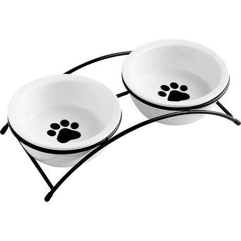 Gamelles surélevées pour chat et chien, ensemble de gamelles en céramique avec support en métal pour chats d'intérieur et petits chiens, prévient les douleurs cervicales, 350 ml, motif pattes mignonne (1/5)