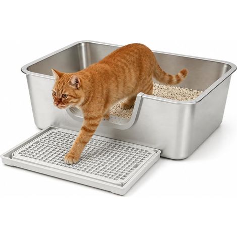 XXL Stainless Steel Litter Tray with Sieve, High Edge and Low Entrance, Odourless, Easy to Clean, Metal Litter Tray for Large Cats and Multi-Cat House, 60 x 40 x 20 cm (1/5)