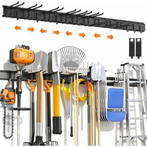 Lot de 18 organiseurs d'outils jardin robustes 162,6 cm – Charge maximale 258,5 kg, système rangement garage, 4 rails avec 12 crochets réglables, support mural pour - (1/5)