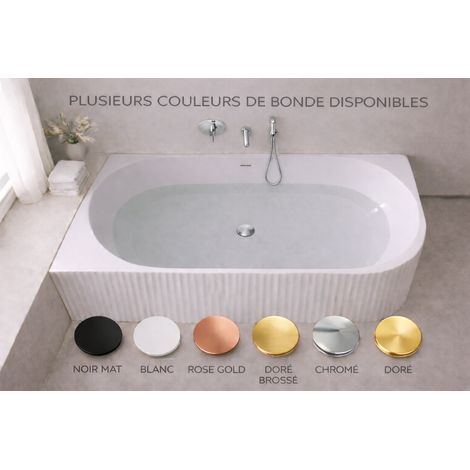 Baignoire d'angle droite - 170 x 75 cm - Blanc brillant rainure avec bonde chrome - PERLE (1/5)